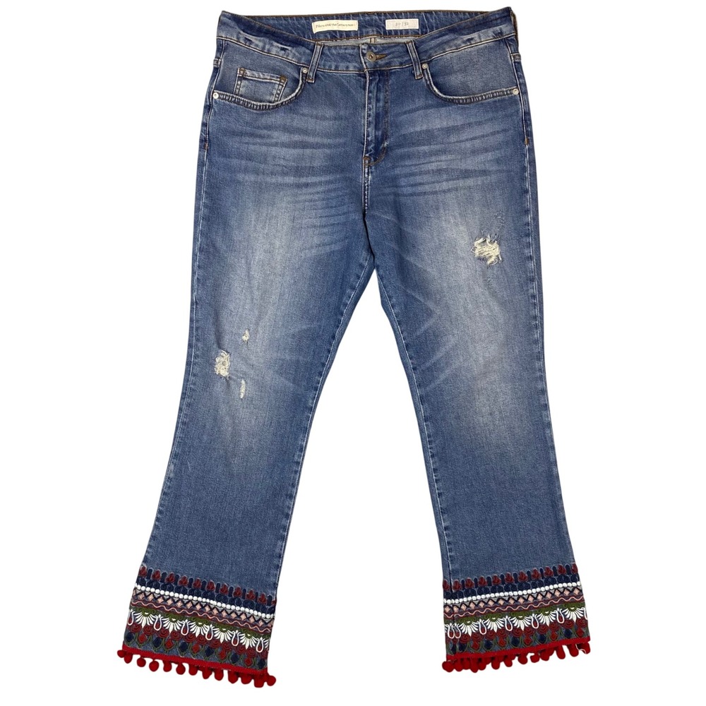 Pilcro and the Letterpress Embroidered Pom Pom Hem Straight Crop Jeans Womens 32
